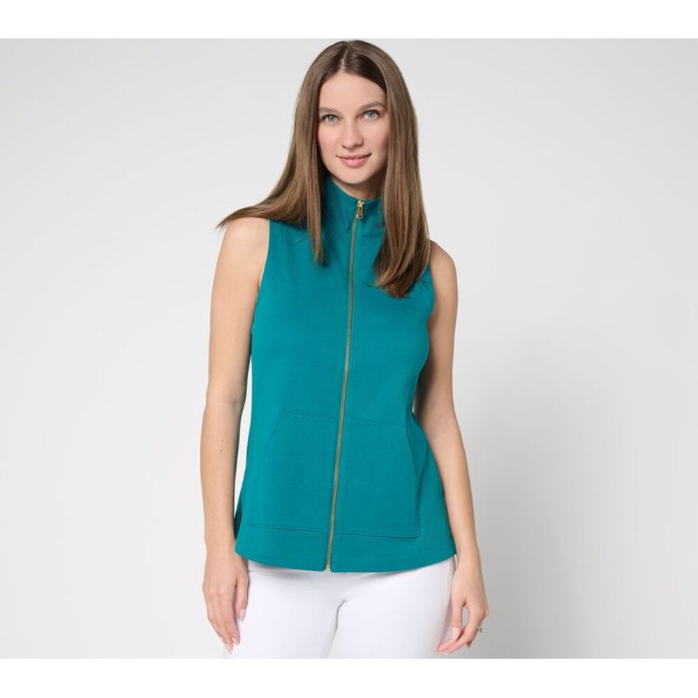 Isaac Mizrahi Live! Women's Top Sz XL Essentials Pima Cotton Zip Up Green